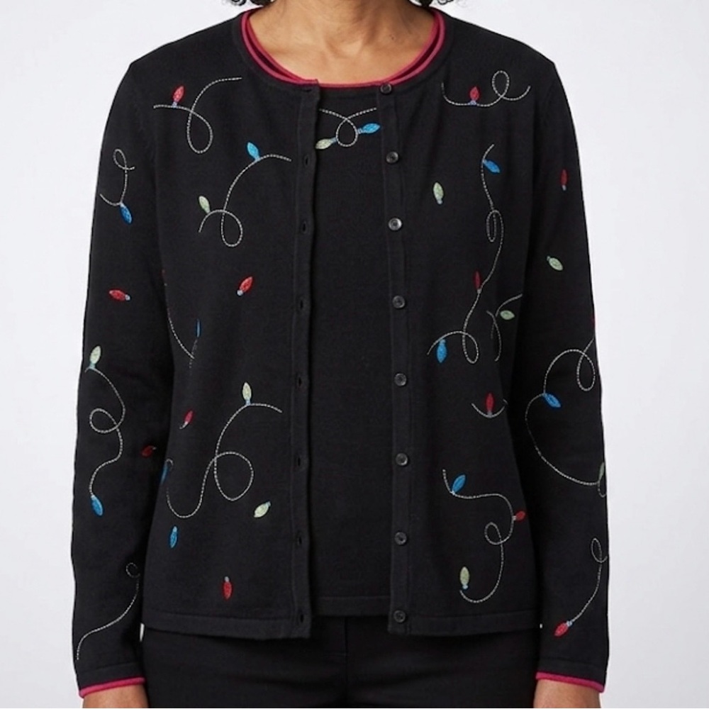 Christopher & Banks Holiday Light String Embroidered Cardigan Set 2pc PS